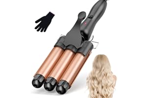 BESTOPE RAY Ferro Arricciacapelli Grandi 3 Botti, Piastra Onde per Capellif-Piastra Capelli Onde, Bigodini da Spiaggia Waves, Ferro Capelli 2 Temps Livelli Onde Capelli Riscaldamento Rapido con Guanto, Oro rosa