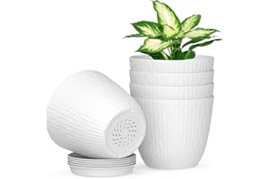 HOMEUOUZ Plastic Plant Pots Indoor, 5 Pack 15cm Stripe Grooves Flower Pots with Drainage Holes and Tray, Modern Decorative Planter Pot for All House Plants（White）
