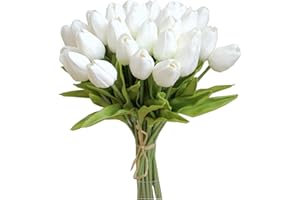 Tifuly 24 pezzi di tulipani artificiali in lattice, realistici bouquet di fiori finti di tulipani per la casa, matrimonio, festa, decorazione dell'ufficio, composizioni floreali (Bianca)