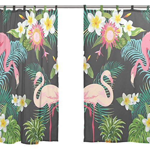jstel 2 Pcs Voile Fenster Vorhang, tropischen Blumenmuster Flamingos, Tüll Sheer Vorhang Tuch Querbehang 139,7 x 198,1 cm Zwei scheibenelementen Set