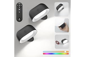 JAGDAG 2 PCS LED Indoor Wall Lamp Black, Rechargeable Wall Light, LED Wall Lamp with Touch & Remote Control, Battery Operated Wall Lights, 360° Rotatable Reading Light, for Bedside Lamp, Corridor, Stairs
