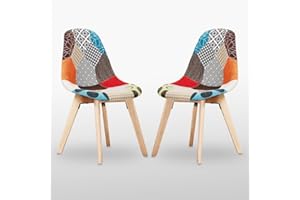P&N Homewares Patchwork Dining Chair - Mid-Century Modern Fabric Chairs with Wooden Legs, Foam Cushioning & Ergonomic Shell - Armless Accent Chair for Dining Room, Office, Caffe or Living Space