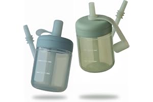 Moonkie Trinklernbecher, Trinkflasche mit Strohhalm, Silikon Trinkbecher für Baby und Kinder, Strohhalmbecher mit Deckel Auslaufsichere, BPA-freie, Baby Becher ab 6 Monate, 5 oz(Graugrün/Äther)