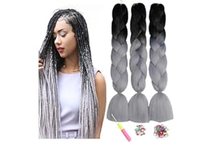 Meches Pour Tresses Africaine, ShowJarlly 24"Jumbo Braids Meches 3Paquets Extension de Cheveux Ombre Jumbo Extension de Fibre Synthétique(Noir/argent#)