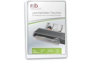 R&B LAMINIERSYSTEME R&B 100 Stück PREMIUM Qualitäts Heiß-Laminierfolien in 2x 125 MIC aus BESTER Verarbeitung A4 (216 x 303 mm) OHNE WASSERZEICHEN - Für Dokumente, Fotos oder Karten – Wasserfest, unzerreißbar in Glänzend