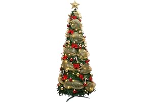 DORAMIER Árbol de Navidad plegable, 1,2 m/1,5 m, árbol de Navidad emergente con luz LED, árbol plegable, decorado con cinta y lazo, árbol de Navidad luminoso LED para decoración de vacaciones interiores (A-1,2