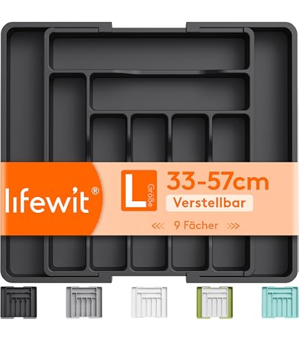 Schubladen Organizer 9 Fächer TNOMSNO Besteckkasten Für Schubladen – Ausziehbarer Schubladen-Organizer, Flexibel 3-fach Verstellbar, 9 Fächer, Aus PP-Kunststoff (BPA-frei), Für Küchenbesteck, Kosmetik & Schreibwaren
