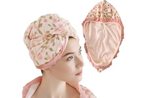 FIMWOLZ 1 Pezzo Turbante Asciugacapelli in Coral Fleece con Bottoni, con Bordo in Pizzo, Asciugatura Rapida Asciugamano per Capelli