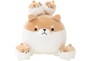 SQEQE Stuffed Animal Shiba Inu Plush Toy with 4 Baby Shiba Inu Plushies in her Tummy, Stuffed Cotton Plush Animal Toy Gift for Kids