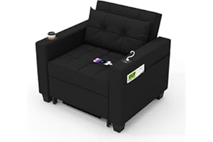 DURASPACE Sleeper Chair 3-in-1 Convertible Chair Bed Pull Out Sleeper Chair Beds Adjustable Single Armchair Sofa Bed with USB Ports, Side Pocket, Cup Holder for Small Space (Black)