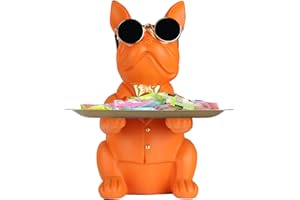 QIANLING Vassoio Bulldog Francese Arancia Statua-Con Vassoio In Acciaio Inossidabile, Caramella Chiave Vassoio Portaoggetti Salvadanaio Camera Da Letto Decorazione Tavolo D'ingresso