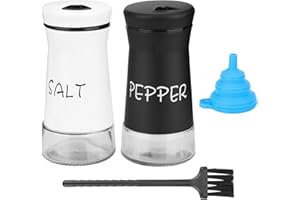 Deepboom Salieres et Poivrieres Set, 120ML Salière à Base de Verre, Pots a Epices Poivriere Noir et Blanc avec Trous Réglables et Entonnoir Brosse de Nettoyage pour Cuisine Camping Barbecue