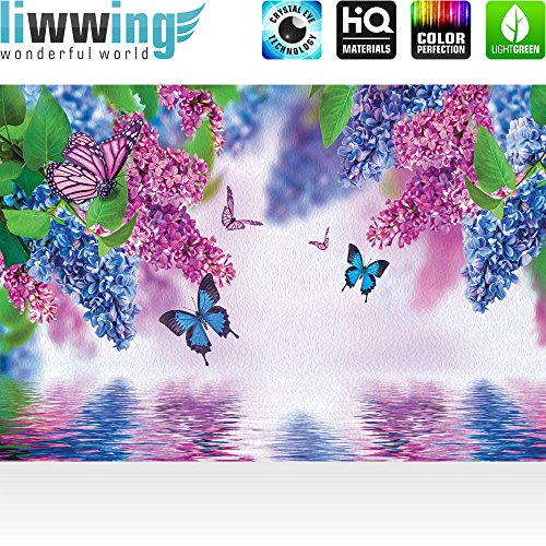 Vlies Fototapete 400×280 cm PREMIUM PLUS Wand Foto Tapete Wand Bild Vliestapete – Blumen Tapete Flieder Schmetterling Wasser lila – no. 418 - 2
