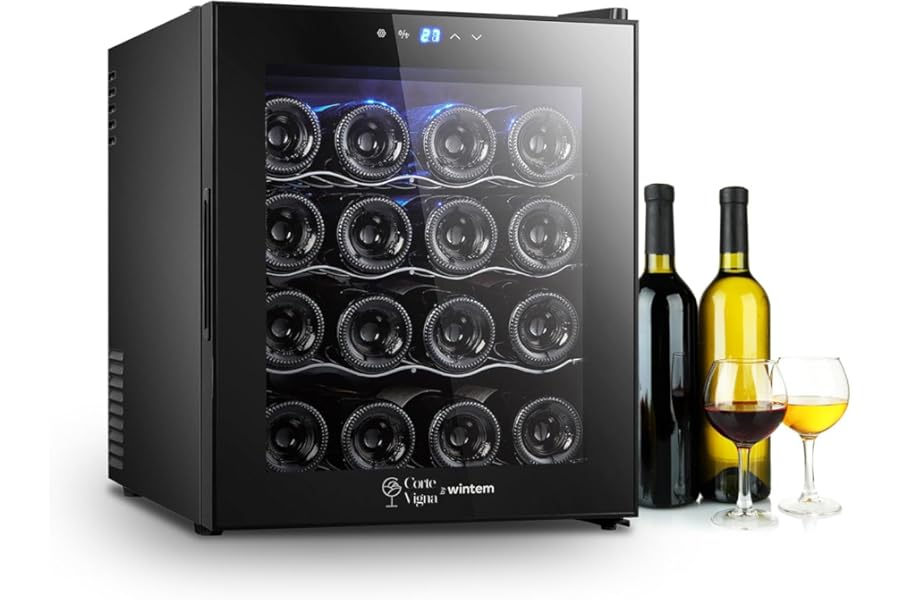 Wintem Wooler12 Wine Rack for 16 Bottles of 48L – Mini Refrigerated Bar with LED Lighting, Quiet, Adjustment 12-18 °C – Wooler12 Modern and Elegant Design