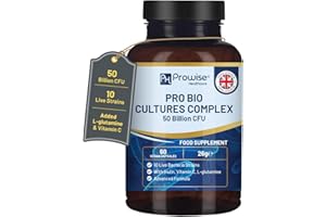 PH PROWISE HEALTHCARE Bio Cultures Complex Probiotics and Prebiotics - 50 Billion CFU - 10 Live Bacteria Strains – Added with Inulin, L-Glutamine & Vitamin C - 60 Capsules | Advanced Probiotic for Women & Men by Prowise