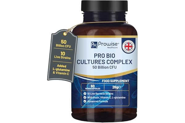 Complexe de probiotiques et prébiotiques Bio Cultures - 50 milliards d'UFC - 10 souches de bactéries vivantes - additionnées d'inuline, de L-glutamine et de vitamine C - 60 gélules