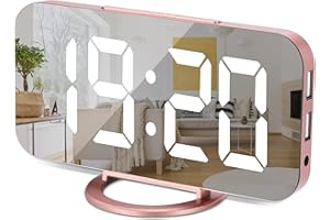 SZELAM Digital Clock Large Display, LED Electric Alarm Clock Mirror Surface for Makeup with Diming Mode, 3 Levels Brightness, Dual USB Ports Modern Decoration for Home Bedroom Decor (Rose Gold)