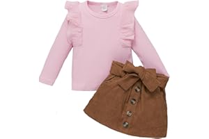 LUVCES Conjuntos de Ropa para Niñas Pequeñas, Camisa de Manga Larga con Volantes y Minifalda con Lazo 2 Piezas Otoño e Invierno Trajes
