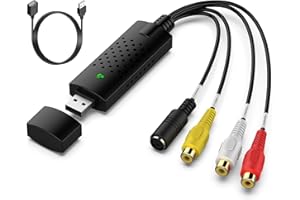PKOUVOO Convertisseur VHS vers Numérique, Video Grabber USB 2.0, Carte de Capture Vidéo Audio Hi8 VHS vers DVD avec Connecteurs RCA/S-Video, Compatible Windows XP/7/8/10 et pour Cassette Vidéo, PC, DVD
