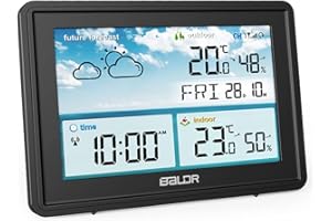 Konsen Wetterstation Funk mit Außensensor DCF Funkuhr Digital Funkwetterstation Thermometer-Hygrometer innen/ausen mit Wettervorhersage, Schwarz