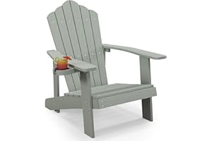 GOPLUS Adirondack Garden Chair with Drink Holder, Garden Chair with Comfortable Backrest and Wide Armrests, Weatherproof Garden Chair for Garden, Patio, Fire Pit, Balcony (Grey)