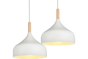 iDEGU Lot de 2 Lustres Suspensions Rétro 24CM Suspension Luminaire Moderne Style Scandinave Plafonnier E27 Métal Bois Lampe Suspension pour Chambre Salle à Manger Cuisine Salon (2 Pack Blanc)