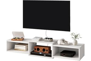 IBUYKE Floating TV Stand Wall Mounted,Wood TV Cabinet Media Console Shelf,Floating TV Unit for Under TV Storage for Living Room Bedroom Office,White WST013W