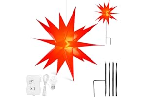 ‎QIJIEDA Qijieda 3D Weihnachtsstern Beleuchtet Außen Batterie mit Timer (58cm, Rot)