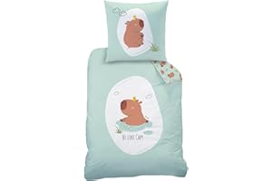MTOnlinehandel Capybara Bettwäsche 135x200 + 80x80 cm – Renforcé Baumwolle, Öko-Tex Zertifiziert, Reißverschluss – süßes Capybara Motiv „Be Like Capy“, Kinder & Teenager Geschenk