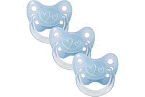 Dentistar® Silicone Soother Set of 3 - Size 1 for 0-6 Months - Tooth and Jaw Friendly Silicone Soother with Dental Step - Blue with Hearts Motif - BPA Free Baby Accessories - Made in Germany