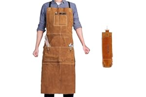 QeeLink Leather Welding Apron with Gloves for Men and Women, Work for Carpenter, Woodworker with 6 Pockets, Adjustable M to XXL