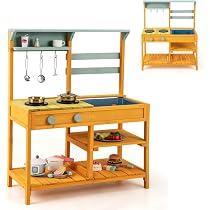 Produktbild von Outdoor Küche Mit Waschbecken DREAMADE Matschküche Aus Tannenholz - Outdoor Spielküche Mit Zubehör Für Kinder Ab 3 (Grün) Pflanzenbeobachter Kinderküche