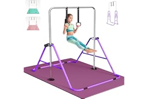 FBSPORT Barra de Gimnasia Artistica para Niñas con Tapete, Altura Ajustable y Anillos, Plegable Equipo de Gimnasia para Entrenamiento en Casa, Barra de Entrenamiento de Gimnasia Expandible Junior