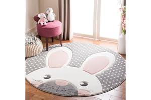 Sedefen Teppich Rund 120cm Kinderzimmer Mädchen Rosa Grau Hasen Motive Kinderteppich Waschmaschinenfest rutschfest Flauschig Teppich für Schlafzimmer Wohnzimmer