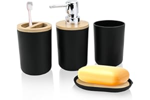 COSIESNEST 4 Piece Plastic Bathroom Set with Bamboo Cover - Soap Dispenser, Toothbrush Holder, Bathroom Cup, Soap Dish for Bathroom Organizing (Black)