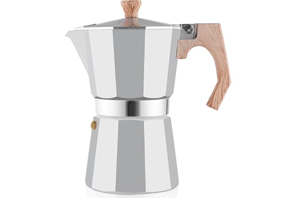 wedrink Cuisinière machine à expresso 9 tasses, machine à expresso italienne, moka pot 450 ml anti-brûlure main manche en bois, aluminium, argent (6 tasses, argent)