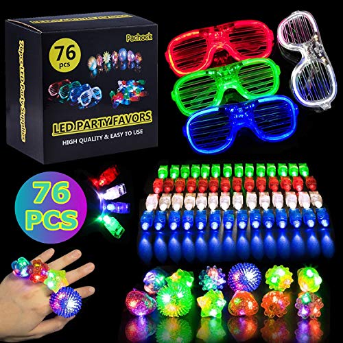 Pachock 76pcs Giocattolo di Festa LED Illumina Il Giocattolo Barre Luminose Party con 12 Anelli Lampeggianti, 60 Pezzi luci per Le Dita, 4 LED Glasses Lampeggiante Slotted Shades Occhiali Party