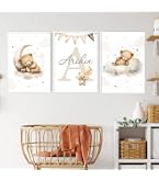 3 Affiches Prenom Bebe Lion Phrase Arc en Ciel 30x40cm Tableau Personnalisé Enfant Decoration