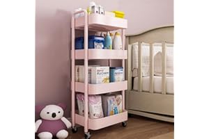 BSTHOK 4-poziomowy żelazny wózek do przechowywania z kółkami obrotowymi o 360°, idealny do kuchni, sypialni, salonu. Wielofunkcyjny organizer na kółkach do wygodnego przechowywania w domu, biały (różowy)