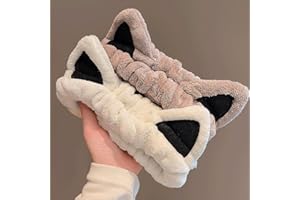 YUNHENTONG Haarband Kosmetik Katzenohren, 2 PCS Elastische Korallen Fleece Haarbänder, Damen Kosmetisches Stirnband, Damen Kosmetisches Stirnband, Accessoires für Mädchen und Frauen (Weiß + Khaki)