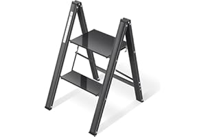 KINGRACK Aluminium 2 Step Ladder with Wide Steps, Lightweight Folding Ladder, Portable Slim Step Stool, Safety Household Ladder Stepladder with Multi-function, Black