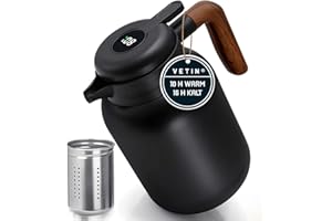 VETIN Thermoskanne mit Teesieb 1,5l, Isolierkanne aus Doppelwandige 304 Edelstahl, Teekanne Thermo mit Temperaturanzeige, Kaffeekanne Thermo 10h Hitze/16h Kält