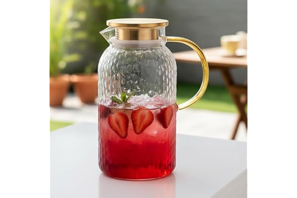 Ginoya Brothers Glass Pitcher with Lid Heat Resistant Borosilicate Carafe for Hot & Cold Beverages Water, Juice, Tea Jug with Handle. (1600 ML)