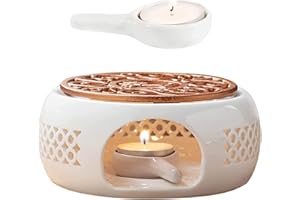 SAMSYOKI Chauffe-théière en Céramique, Réchaud pour Théière avec Cuillère et Tapis de Poêle, Chauffe-thé en Porcelaine, Théière Réchauffeur pour Conservation de la Chaleur Café Thé ou Lait (Blanc)