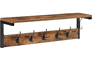HOOBRO Wandgarderobe, Wandregal mit 7 Haken und Ablage, Hängeregal mit Garderobenleisten, Wandmontage, für Flur, Wohnzimmer, Küche, Dunkelbraun-Schwarz EBF16YM01