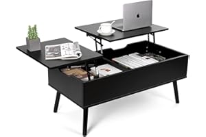 ‎VOWNER VOWNER Couchtisch, Höhenverstellbarer Couchtisch, Ausziehbarer, Versenkbarer Couchtisch, Separates Verstecktes Ablagefach, Doppelte Hubplatte, Wohnzimmertisch, Schwarz