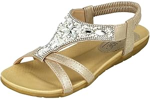 Jo & Joe Ladies Faux Leather Open Toe Sling Back T-Bar Diamante Gem Stone Flat Gladiator Summer Sandals Size 3-8