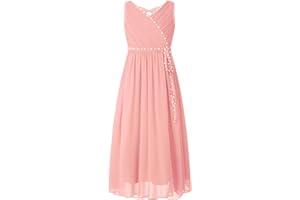 IEFIEL Robe de Soirée Enfant Filles V Cou Perles Robe de Mariage Cérémonie Jupe en Couches Trapèze Robe Princesse Spectacles 4-16 Ans