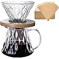 Moonmen V60 Pour Over Coffee Maker Dripper Set, 600ml Glass Coffee Server Pot Size 02, V60 Glass Coffee Dripper with Wood Stand for Home Office Carafe Gift-Grey (Ripple Style with Paper Filter)