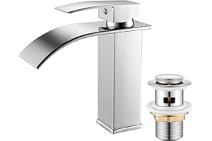 AIMOYO Basin Taps Mixer Waterfall Bathroom Sink Tap Chrome, Mono Basin Mixer Faucet with Pop up Waste, Modern Single Lever Cloakroom Faucet with G1/2 Hoses, Brass